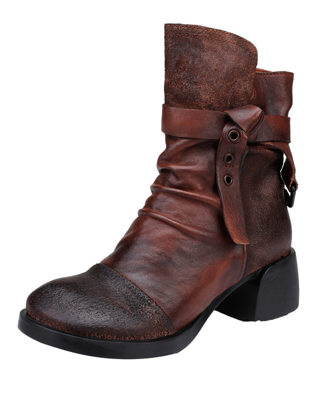 Handmade Cowhide Leather Coffee Zippered Wrinkled Chunky Boots