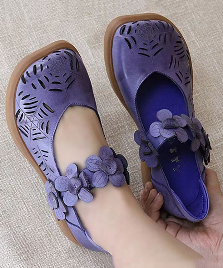 Handmade Cowhide Leather Purple Walking Sandals Hollow Out Floral