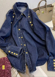 Handmade Dark Blue Peter Pan Collar Patchwork Pockets Button Denim Shirts Fall