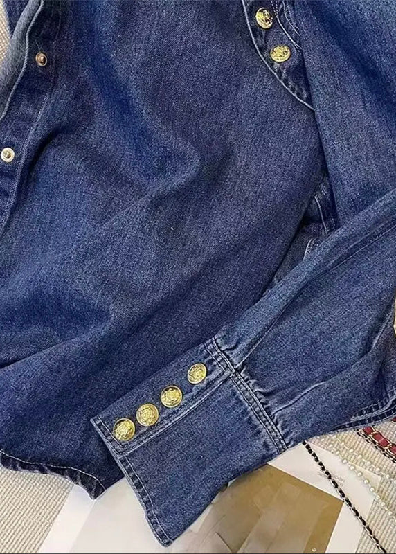 Handmade Dark Blue Peter Pan Collar Patchwork Pockets Button Denim Shirts Fall