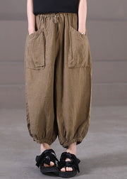 Handmade Dark Khaki High Waist Drawstring Linen Beam Pants Summer