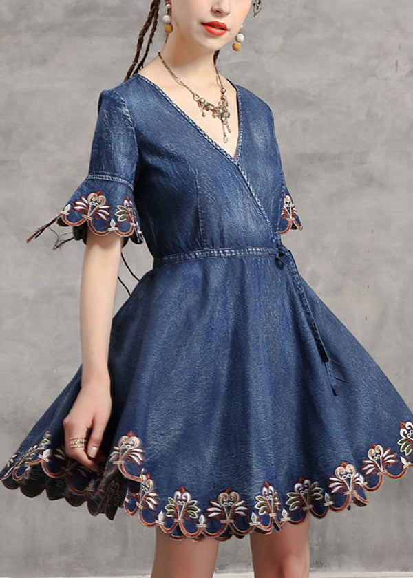 Handmade Denim Blue V Neck Embroidered Tie Waist Cotton Mini Dresses Short Sleeve