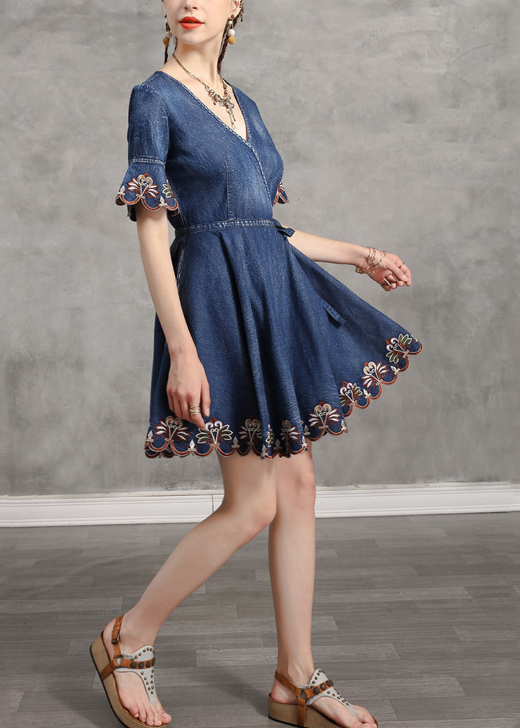 Handmade Denim Blue V Neck Embroidered Tie Waist Cotton Mini Dresses Short Sleeve