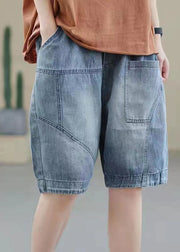Handmade Denim Light Blue Elastic Waist Pockets Patchwork Cotton Short Pants Summer