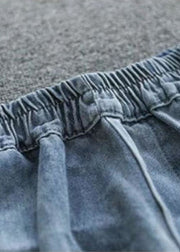 Handmade Denim Light Blue Elastic Waist Pockets Patchwork Cotton Short Pants Summer