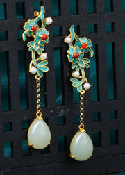 Handmade Droplet Shape Jade Tassel Drop Earrings