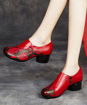 Handmade Embossed Splicing Chunky High Heels Red Cowhide Leather