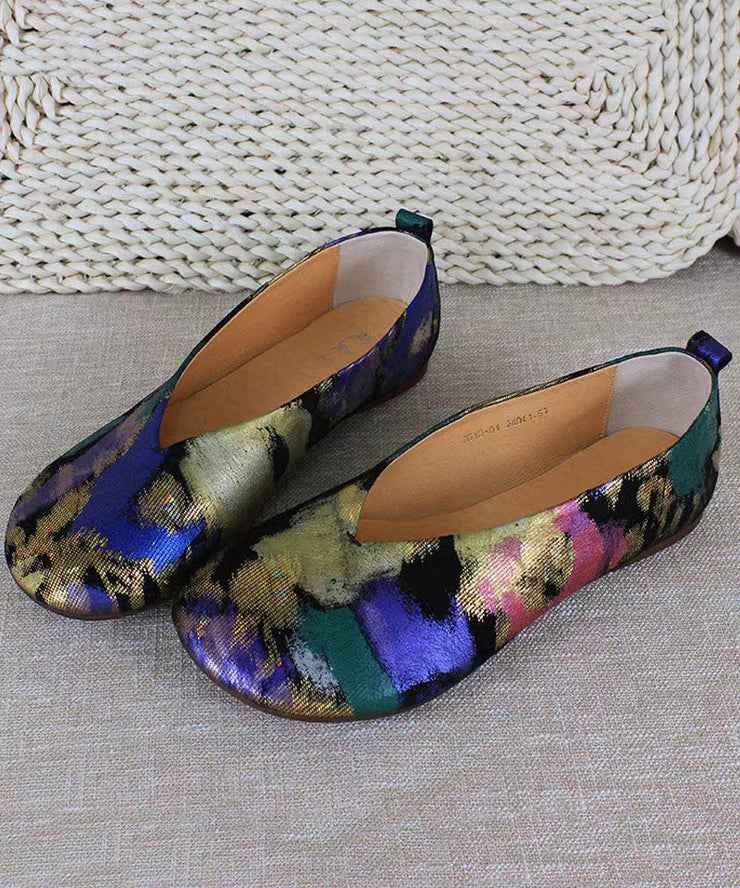 Handmade Ethnic Style Lavender Printed Genuine Leather Flats Shoes