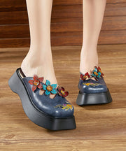 Handmade Floral Splicing Platform Blue Cowhide Leather Slide Sandals