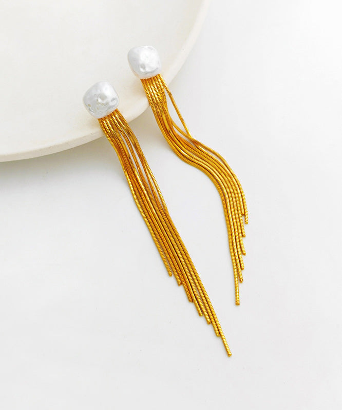 Handmade Gold Copper Tassel Pearl Stud Earrings