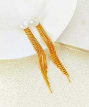 Handmade Gold Copper Tassel Pearl Stud Earrings