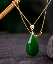 Handmade Gold Sterling Silver Inlaid Jade Pendant Necklace