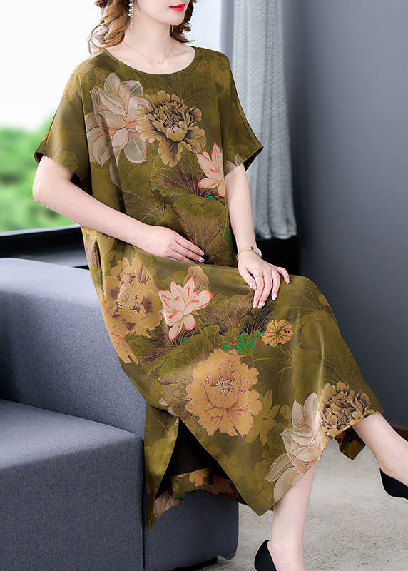 Handmade Grass Green Oversized Print Side Open Silk Dresses Summer