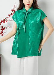 Handmade Green Asymmetrical Patchwork Jacquard Silk Oriental Tops Summer