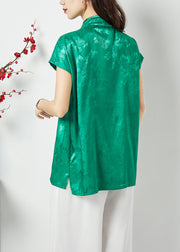 Handmade Green Asymmetrical Patchwork Jacquard Silk Oriental Tops Summer