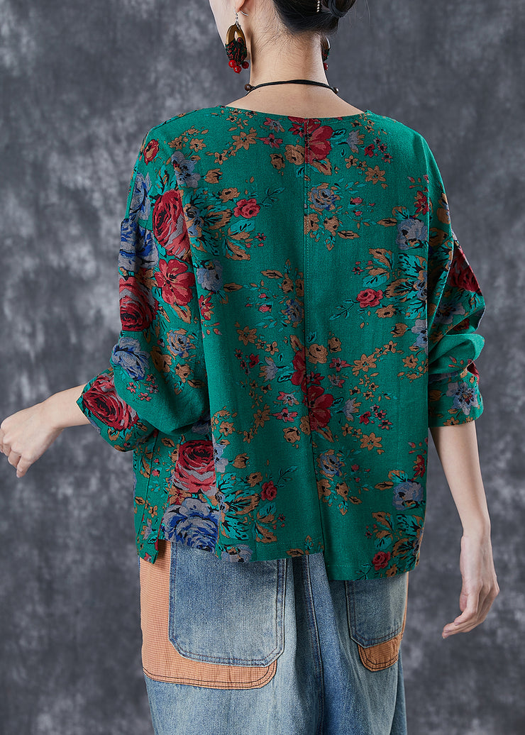 Handmade Green Asymmetrical Print Linen Shirt Tops Fall