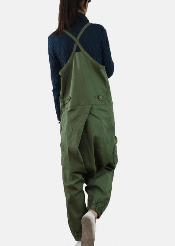 Handmade Green Casual Pockets Button Fall Cotton Romper Outfit - SooLinen