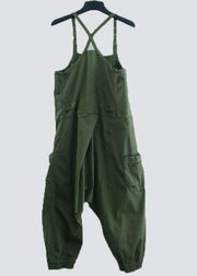 Handmade Green Casual Pockets Button Fall Cotton Romper Outfit - SooLinen