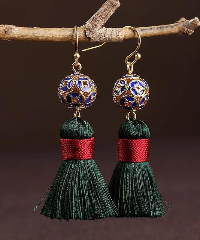 Handmade Green Copper Cloisonne Silk Thread Drop Earrings