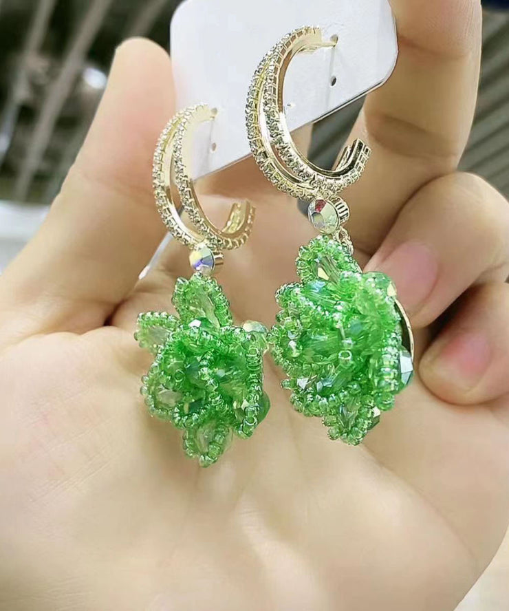 Handmade Green Copper Overgild Crystal Floral Drop Earrings