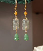 Handmade Green Copper Overgild Jade Pearl Graphic Drop Earrings
