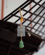 Handmade Green Copper Overgild Jade Pearl Graphic Drop Earrings