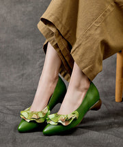 Handmade Green Cowhide Chunky Heel Splicing Ruffles Embossed