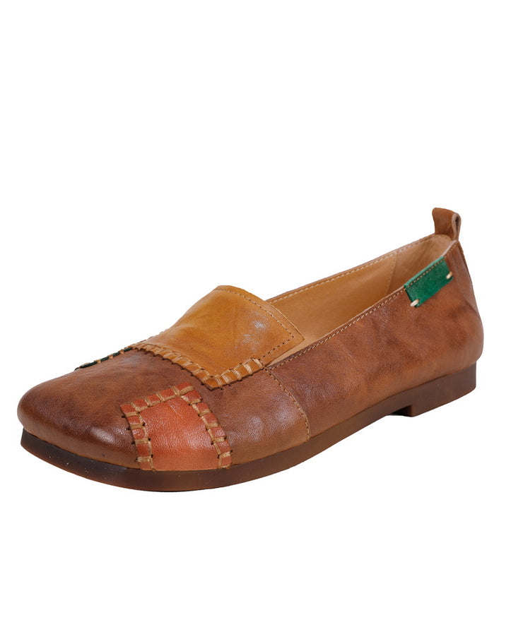 Handmade Green Cowhide Leather Soft Splicing Flat Shoes For Women