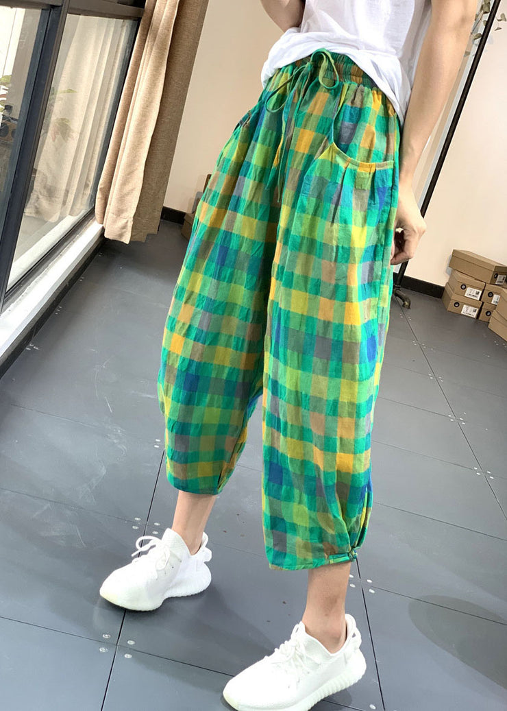 Handmade Green Elastic Waist Pockets Plaid Linen Harem Pants Summer