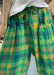 Handmade Green Elastic Waist Pockets Plaid Linen Harem Pants Summer