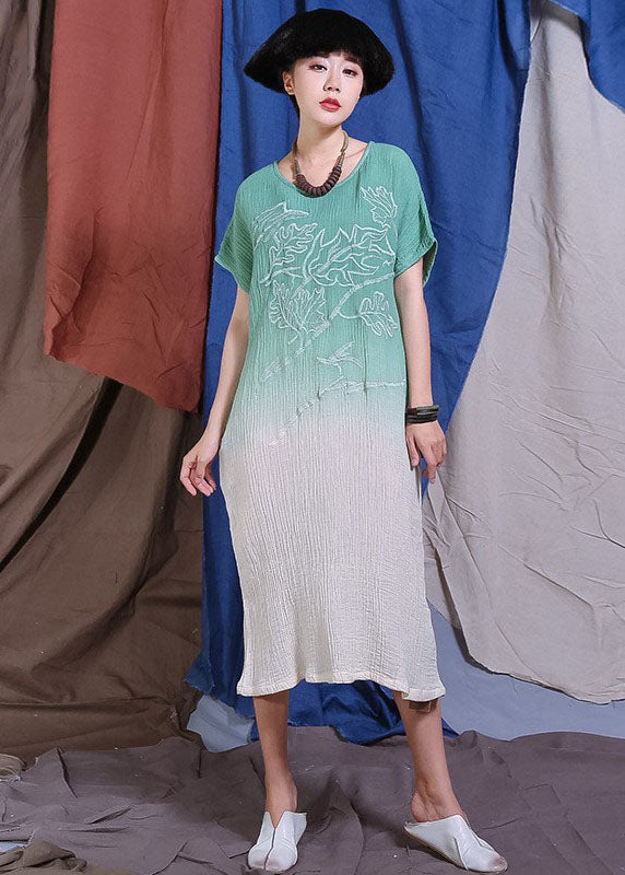 Handmade Green Embroidered Gradient color Dresses Short Sleeve