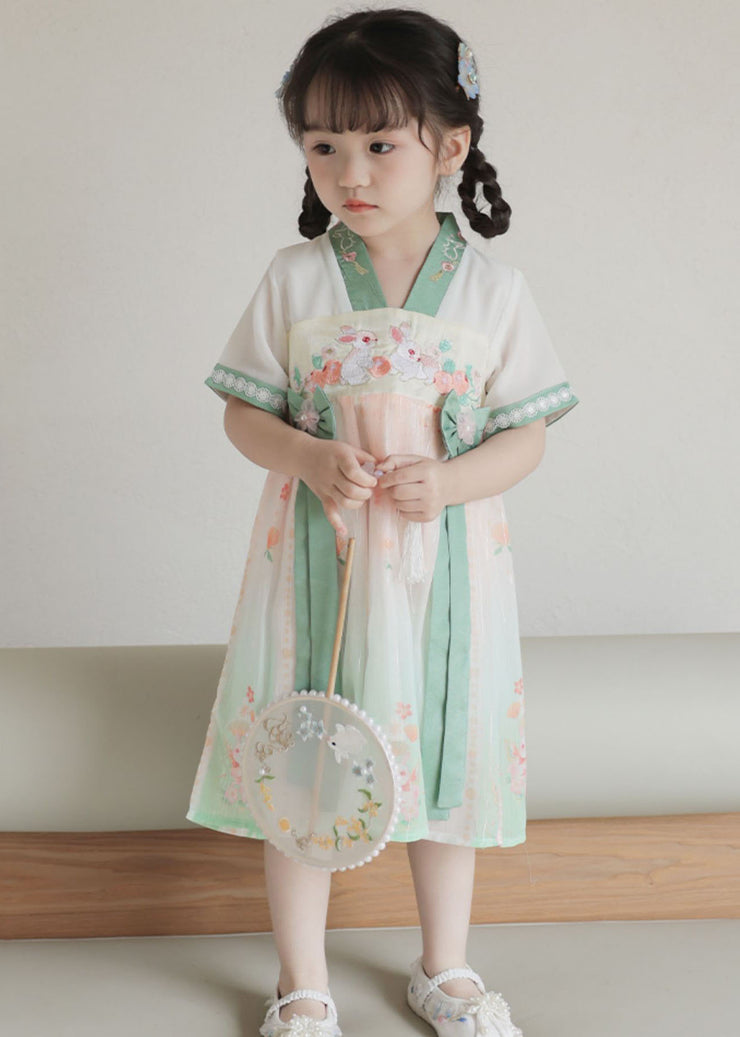 Handmade Green Embroidered Patchwork Chiffon Baby Girls Dresses Summer