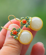 Handgemachte grüne Blumen-Silber-Jade-Tropfen-Ohrringe