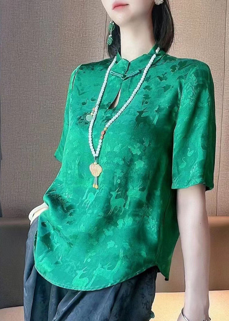 Handmade Green Mandarin Collar Print Oriental Button Silk Blouses Short Sleeve