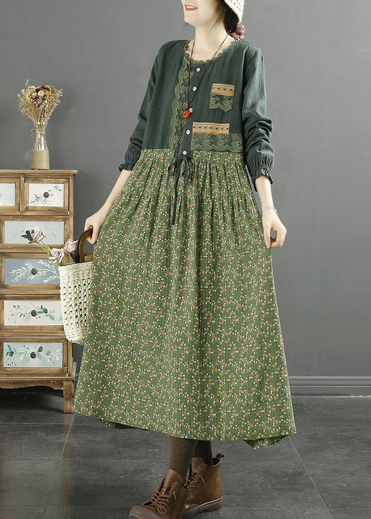 Handmade Green O Neck Lace Print Patchwork Cotton Dresses Spring