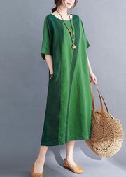 Handmade Green O-Neck Patchwork Summer Vacation Dresses Half Sleeve - SooLinen