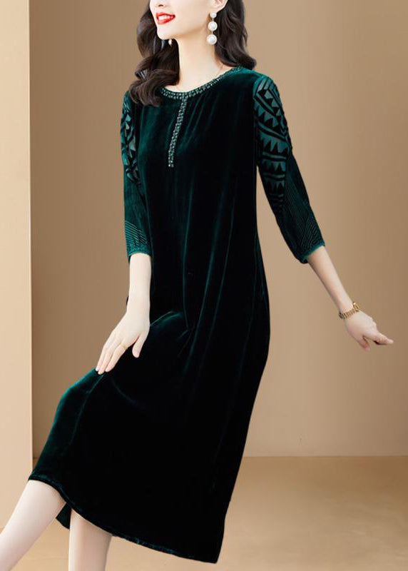 Handmade Green O-Neck Print Silk Velour Maxi Dresses Long Sleeve