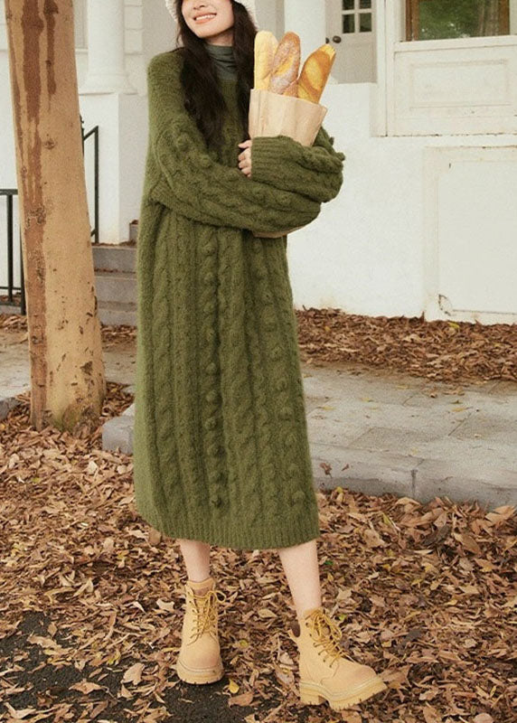 Handmade Green O-Neck Side Open Cozy Cotton Knit Cable Sweater Dress Long Sleeve