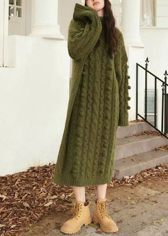 Handmade Green O-Neck Side Open Cozy Cotton Knit Cable Sweater Dress Long Sleeve