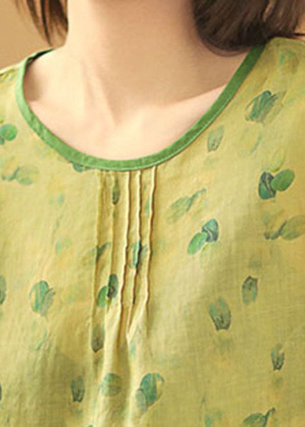 Handgemachte grüne Leinenbluse mit O-Ausschnitt, faltig, Tie-Dye-Druck, Armband-Ärmel