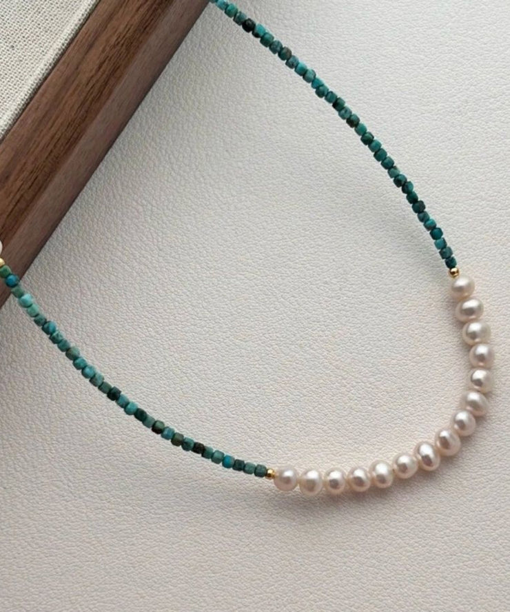 Handmade Green Patchwork Sterling Silver Overgild Turquoise Pearl Graduated Bead Necklace