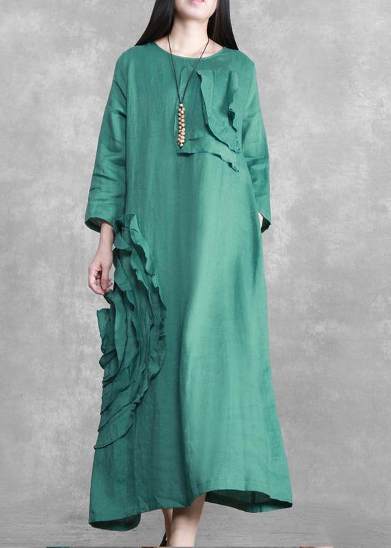 Handmade Green 3D Flower Linen Maxi Dress - SooLinen