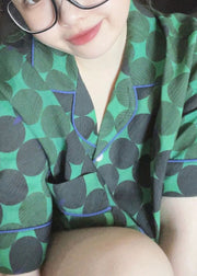 Handmade Green Peter Pan Collar Dot Print Button Ice Silk Pajamas Two Pieces Set Summer