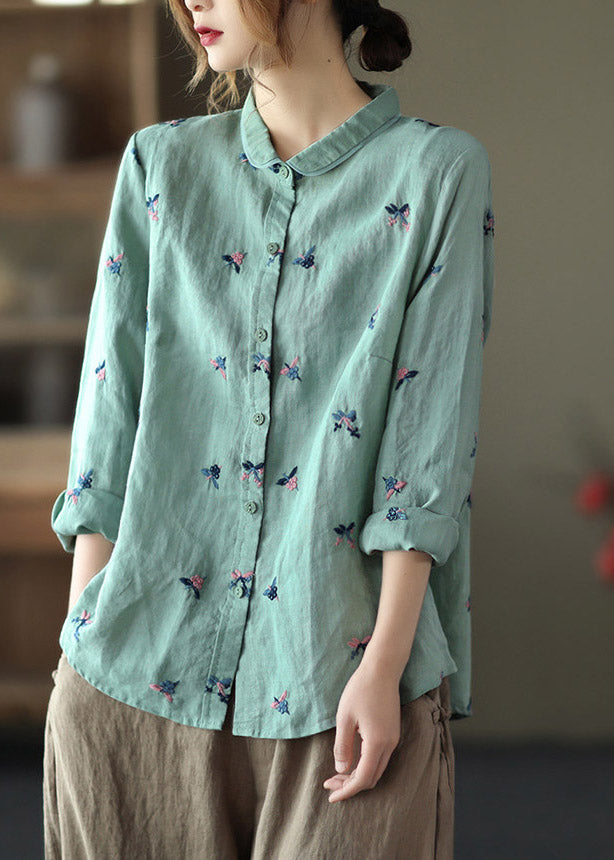 Handmade Green Peter Pan Collar Embroidered Linen Shirts Long Sleeve