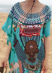 Handmade Green Print O-Neck side open Robe Summer Cotton Dress