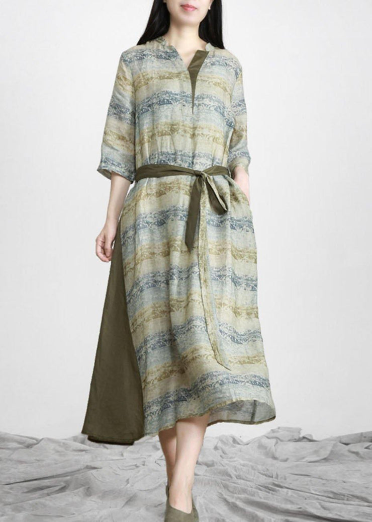 Handmade Green Print V Neck Robe Linen Dresses Half Sleeve - SooLinen
