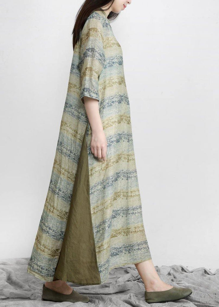 Handmade Green Print V Neck Robe Linen Dresses Half Sleeve - SooLinen