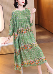Handmade Green Print Wrinkled Patchwork Silk Long Dress Long Sleeve