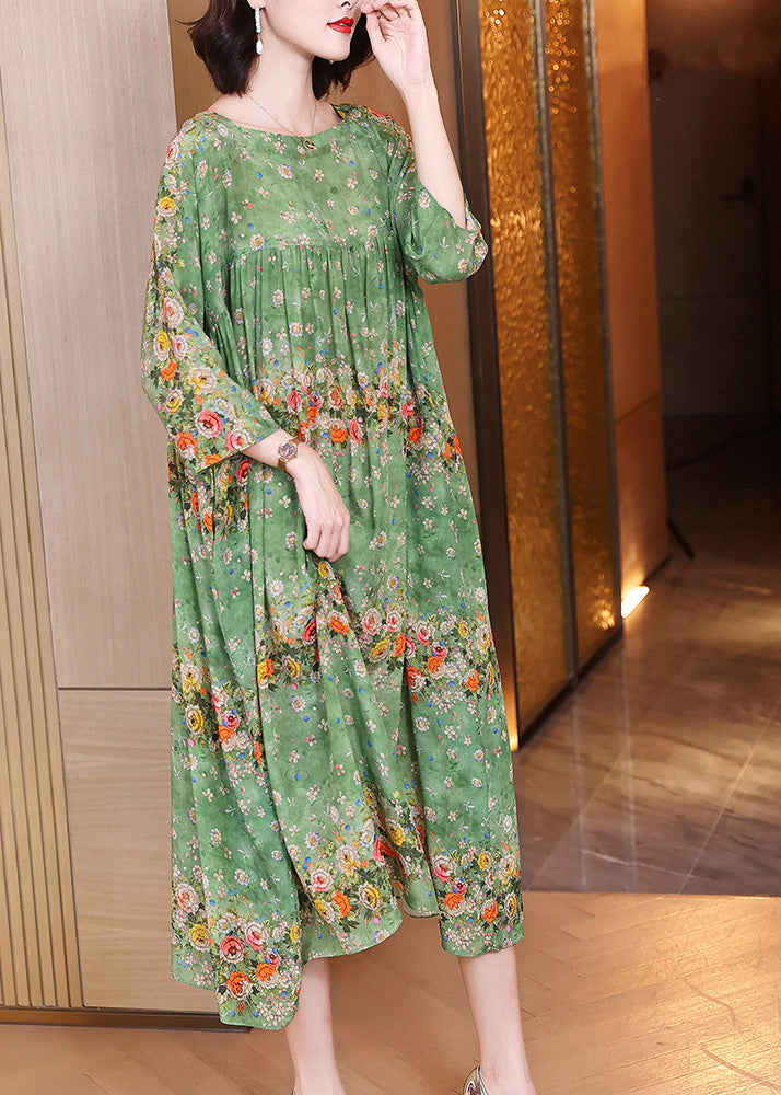 Handmade Green Print Wrinkled Patchwork Silk Long Dress Long Sleeve