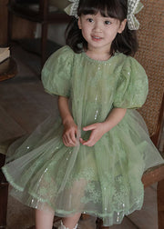 Handmade Green Sequins Patchwork Tulle Kids Girls Dresses Puff Sleeve